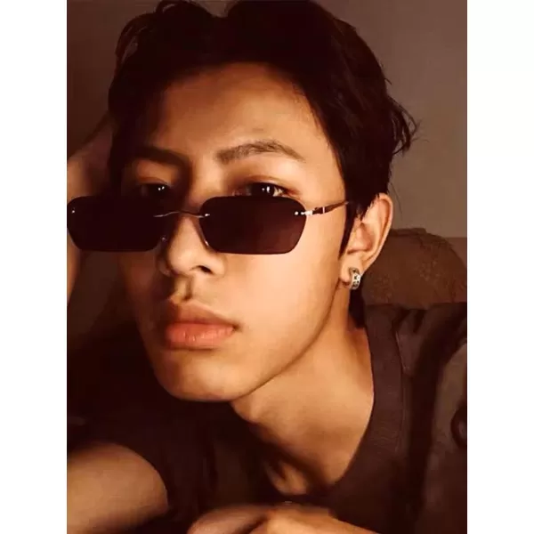 FEISEDY Rimless Sunglasses Y2K Sunglasses Retro Small Narrow Clear Eyewear Vintage Rectangle Sunglasses for Women Men B2643Brown