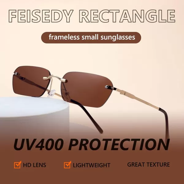 FEISEDY Rimless Sunglasses Y2K Sunglasses Retro Small Narrow Clear Eyewear Vintage Rectangle Sunglasses for Women Men B2643Brown