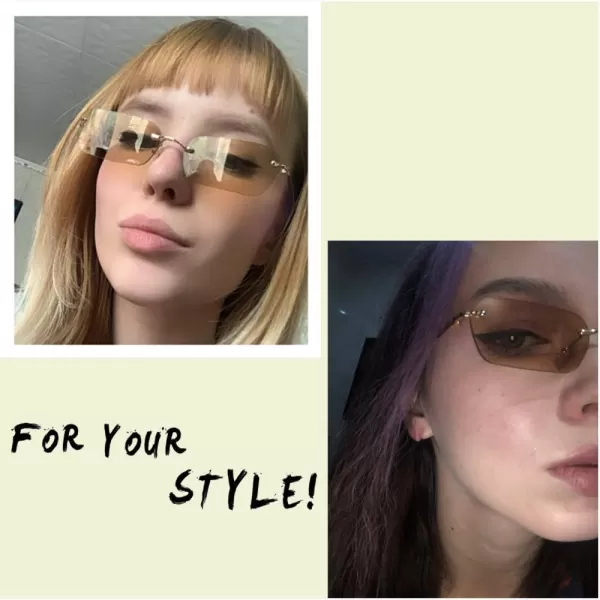 FEISEDY Rimless Sunglasses Y2K Sunglasses Retro Small Narrow Clear Eyewear Vintage Rectangle Sunglasses for Women Men B2643Champagne
