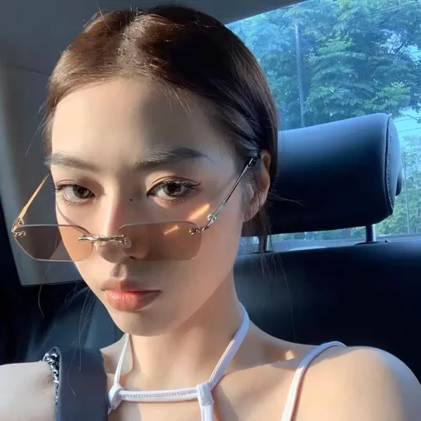 FEISEDY Rimless Sunglasses Y2K Sunglasses Retro Small Narrow Clear Eyewear Vintage Rectangle Sunglasses for Women Men B2643Champagne