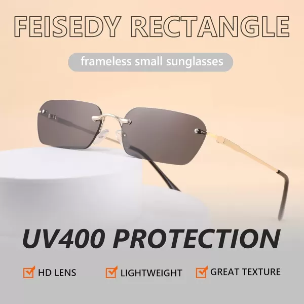 FEISEDY Rimless Sunglasses Y2K Sunglasses Retro Small Narrow Clear Eyewear Vintage Rectangle Sunglasses for Women Men B2643Grey