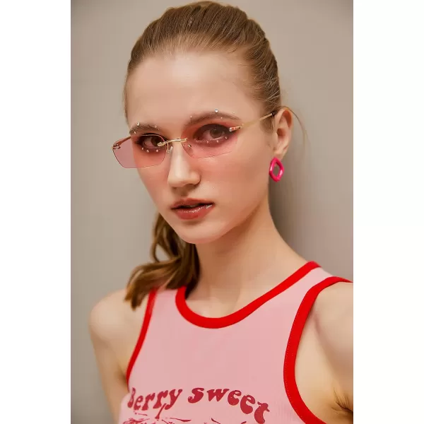 FEISEDY Rimless Sunglasses Y2K Sunglasses Retro Small Narrow Clear Eyewear Vintage Rectangle Sunglasses for Women Men B2643Pink