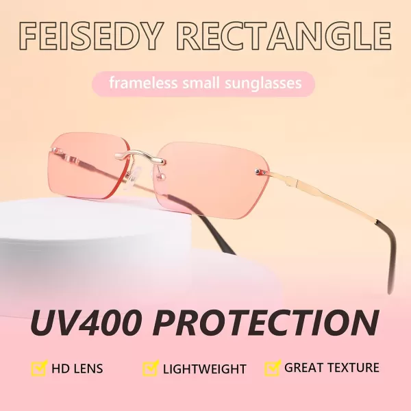FEISEDY Rimless Sunglasses Y2K Sunglasses Retro Small Narrow Clear Eyewear Vintage Rectangle Sunglasses for Women Men B2643Pink