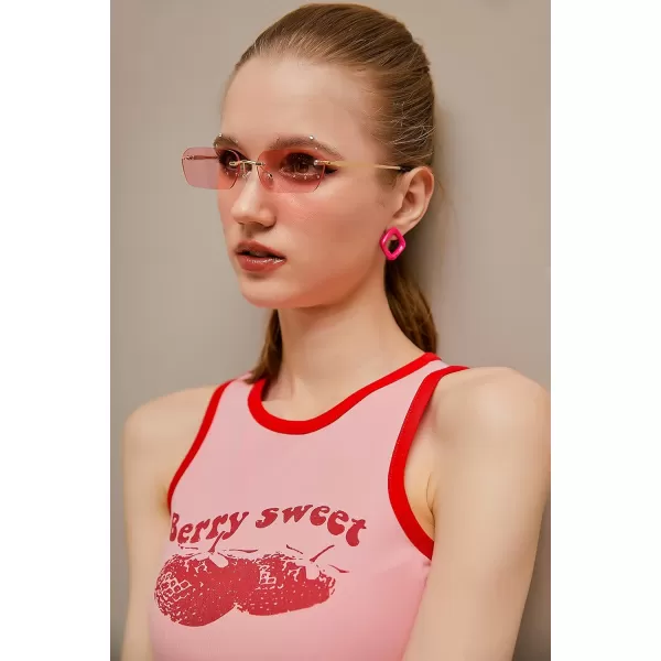 FEISEDY Rimless Sunglasses Y2K Sunglasses Retro Small Narrow Clear Eyewear Vintage Rectangle Sunglasses for Women Men B2643Pink