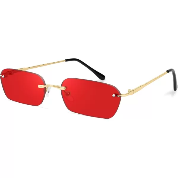 FEISEDY Rimless Sunglasses Y2K Sunglasses Retro Small Narrow Clear Eyewear Vintage Rectangle Sunglasses for Women Men B2643Red