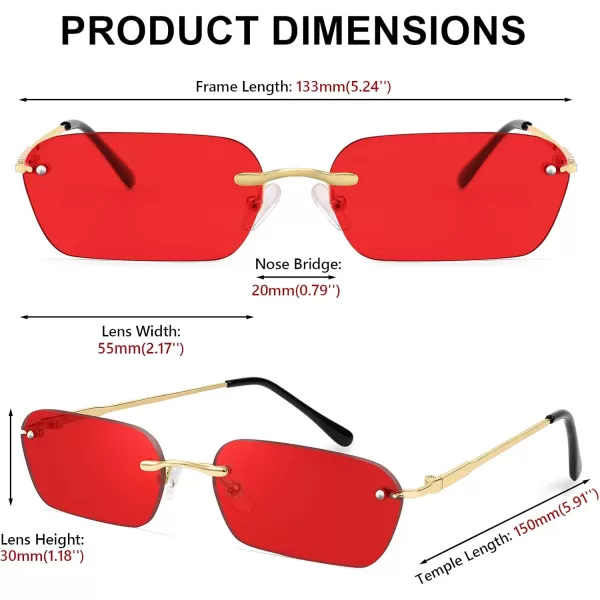 FEISEDY Rimless Sunglasses Y2K Sunglasses Retro Small Narrow Clear Eyewear Vintage Rectangle Sunglasses for Women Men B2643Red