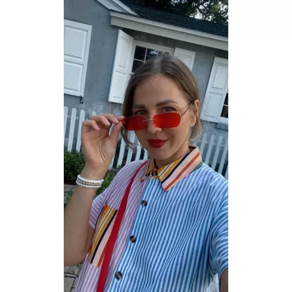 FEISEDY Rimless Sunglasses Y2K Sunglasses Retro Small Narrow Clear Eyewear Vintage Rectangle Sunglasses for Women Men B2643Red