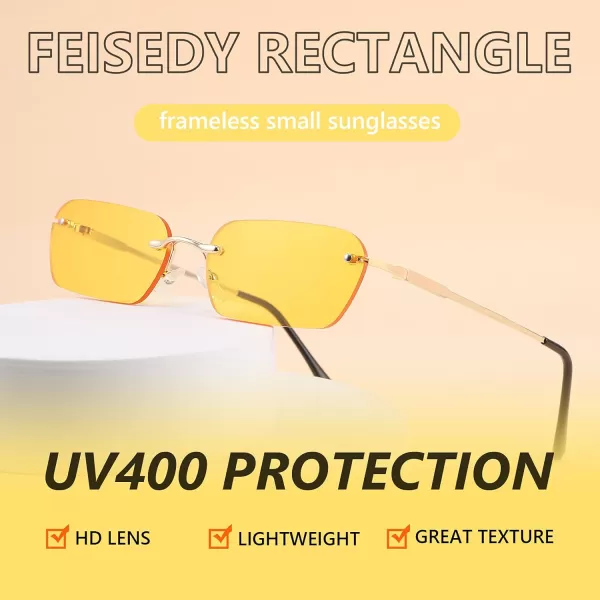 FEISEDY Rimless Sunglasses Y2K Sunglasses Retro Small Narrow Clear Eyewear Vintage Rectangle Sunglasses for Women Men B2643Yellow