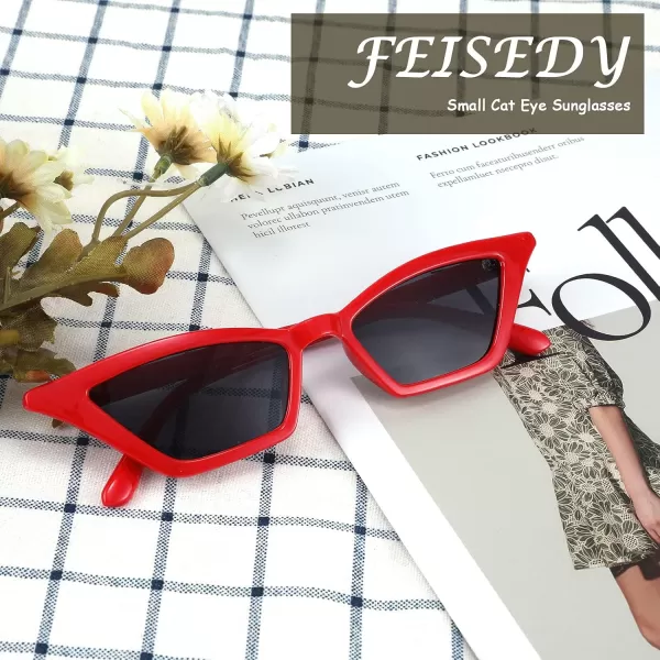 FEISEDY Small Cat Eye Sunglasses Vintage Square Shade Women Eyewear B2291Red  Grey Lens