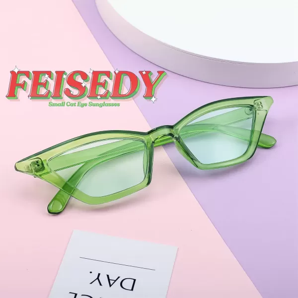 FEISEDY Small Cat Eye Sunglasses Vintage Square Shade Women Eyewear B2291Transparent Green  Green Lens