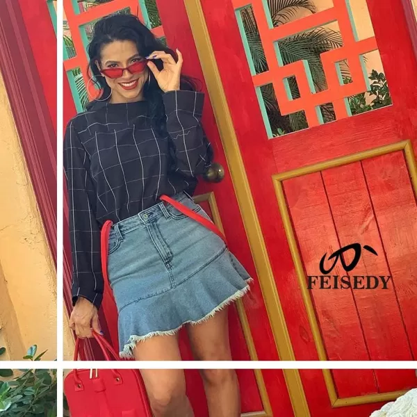 FEISEDY Small Cat Eye Sunglasses Vintage Square Shade Women Eyewear B2291Transparent Red  Red Lens