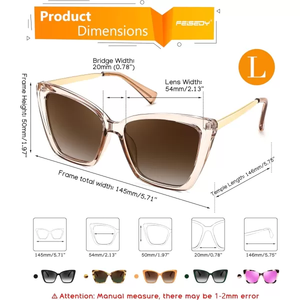 FEISEDY Trendy Polarized Women Sunglasses Retro Womens Square Cat Eye Sun Glasses B4134Champagne