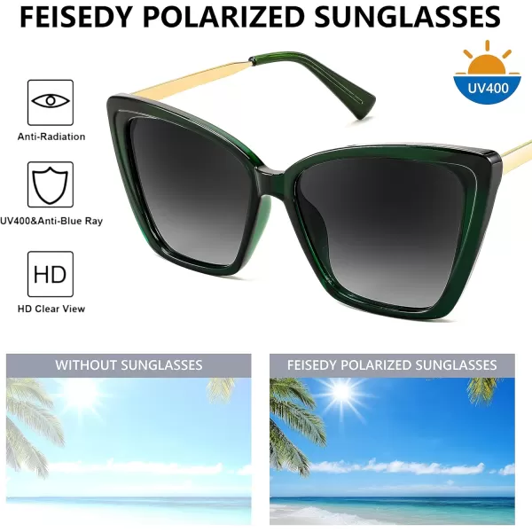 FEISEDY Trendy Polarized Women Sunglasses Retro Womens Square Cat Eye Sun Glasses B4134Dark Green