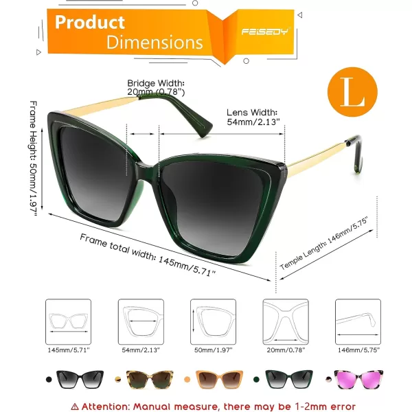 FEISEDY Trendy Polarized Women Sunglasses Retro Womens Square Cat Eye Sun Glasses B4134Dark Green