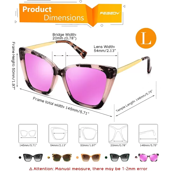 FEISEDY Trendy Polarized Women Sunglasses Retro Womens Square Cat Eye Sun Glasses B4134Marble FramePurple Pink Mirror