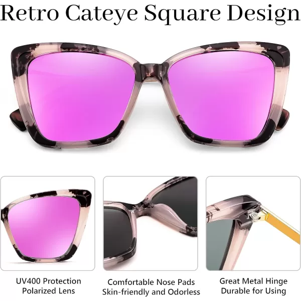 FEISEDY Trendy Polarized Women Sunglasses Retro Womens Square Cat Eye Sun Glasses B4134Marble FramePurple Pink Mirror