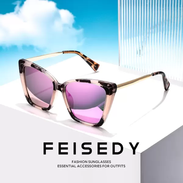 FEISEDY Trendy Polarized Women Sunglasses Retro Womens Square Cat Eye Sun Glasses B4134Marble FramePurple Pink Mirror