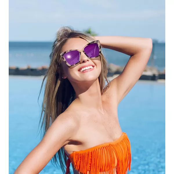 FEISEDY Trendy Polarized Women Sunglasses Retro Womens Square Cat Eye Sun Glasses B4134Marble FramePurple Pink Mirror