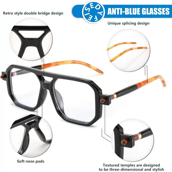 FEISEDY Vintage Square Blue Light Blocking Glasses Women Men 70s Flat Aviator Glasses Computer Anti Glare B0062Black