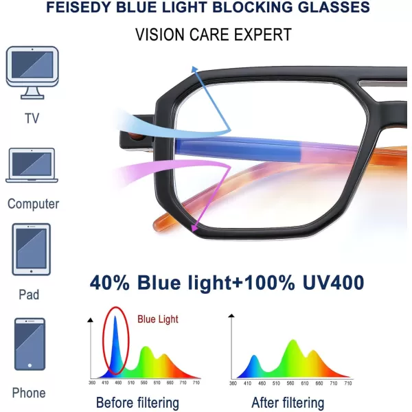 FEISEDY Vintage Square Blue Light Blocking Glasses Women Men 70s Flat Aviator Glasses Computer Anti Glare B0062Black