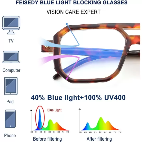 FEISEDY Vintage Square Blue Light Blocking Glasses Women Men 70s Flat Aviator Glasses Computer Anti Glare B0062Leopard