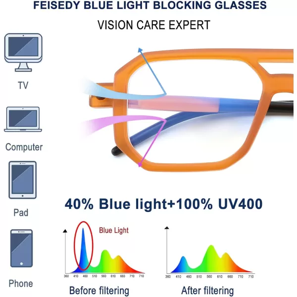 FEISEDY Vintage Square Blue Light Blocking Glasses Women Men 70s Flat Aviator Glasses Computer Anti Glare B0062Orange