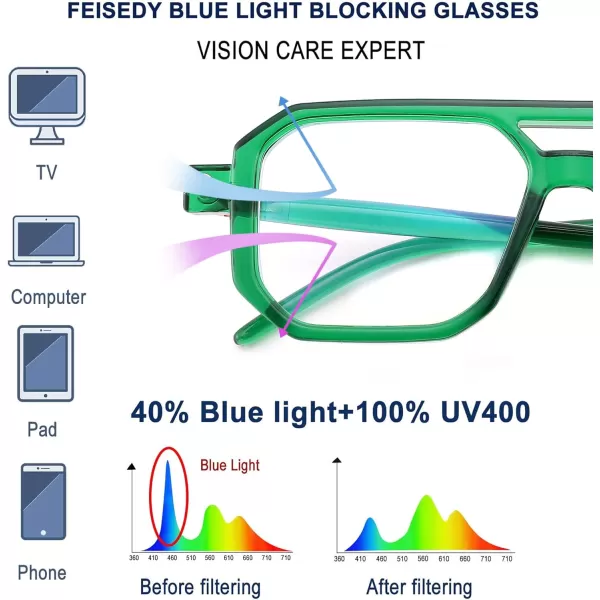FEISEDY Vintage Square Blue Light Blocking Glasses Women Men 70s Flat Aviator Glasses Computer Anti Glare B0062Transparent Green