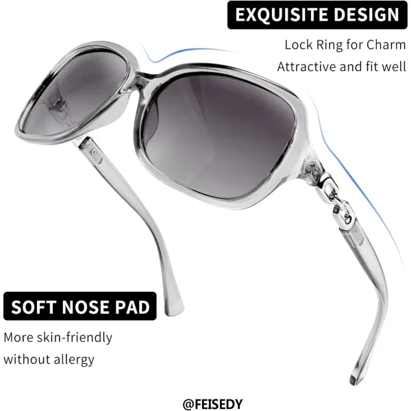 FEISEDY Vintage Square Polarized Sunglasses for Women UV400 Travel Driving Fashion Arcuate Sunglasses B2526Clear Gray Frame Gradual Grey Lenses