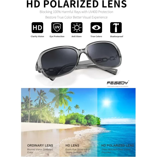 FEISEDY Vintage Square Polarized Sunglasses for Women UV400 Travel Driving Fashion Arcuate Sunglasses B2526Clear Gray Frame Gradual Grey Lenses