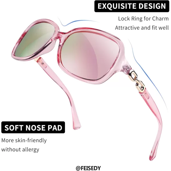 FEISEDY Vintage Square Polarized Sunglasses for Women UV400 Travel Driving Fashion Arcuate Sunglasses B2526Clear Pink Frame Pink Mirrored Lenses