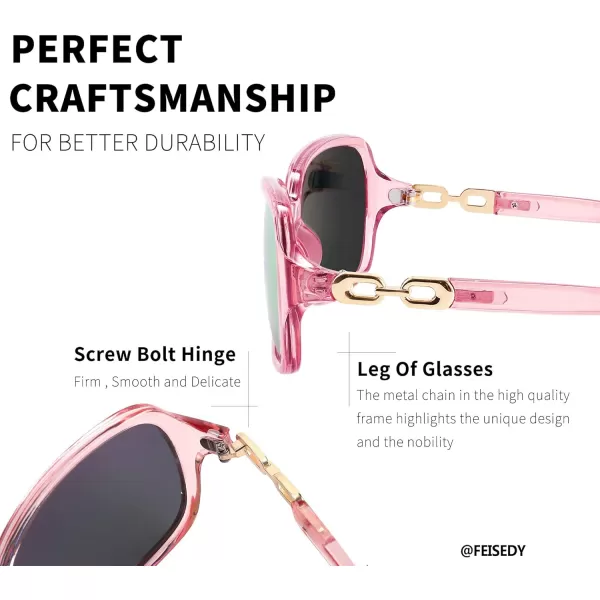 FEISEDY Vintage Square Polarized Sunglasses for Women UV400 Travel Driving Fashion Arcuate Sunglasses B2526Clear Pink Frame Pink Mirrored Lenses