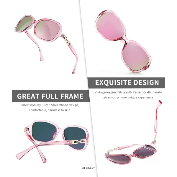 FEISEDY Vintage Square Polarized Sunglasses for Women UV400 Travel Driving Fashion Arcuate Sunglasses B2526Clear Pink Frame Pink Mirrored Lenses