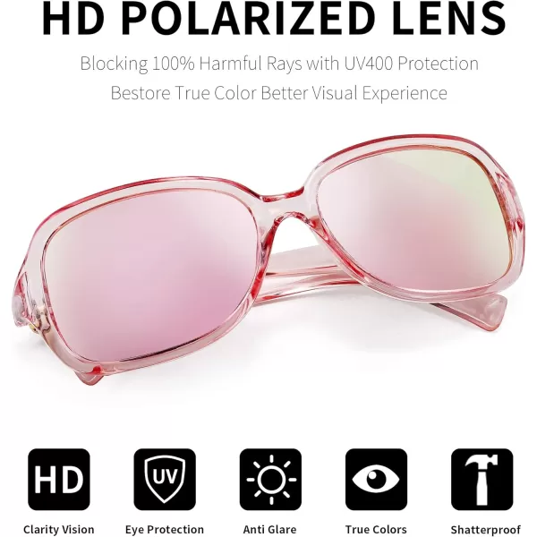 FEISEDY Vintage Square Polarized Sunglasses for Women UV400 Travel Driving Fashion Arcuate Sunglasses B2526Clear Pink Frame Pink Mirrored Lenses