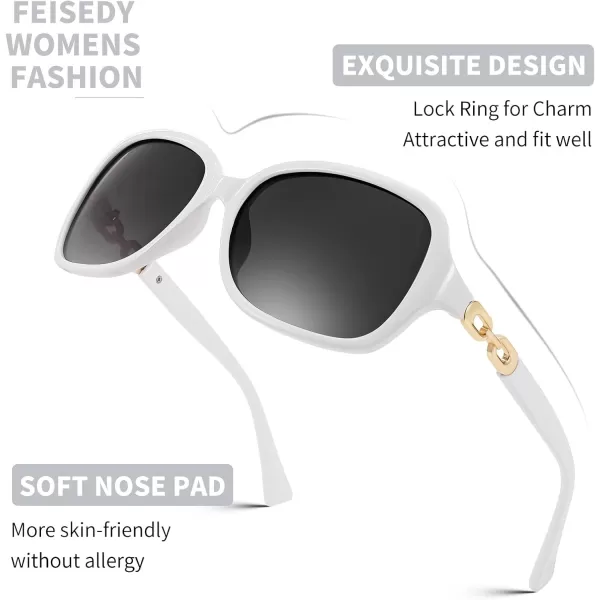 FEISEDY Vintage Square Polarized Sunglasses for Women UV400 Travel Driving Fashion Arcuate Sunglasses B2526White Frame  Grey Lens