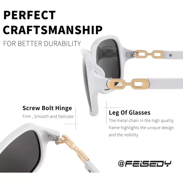 FEISEDY Vintage Square Polarized Sunglasses for Women UV400 Travel Driving Fashion Arcuate Sunglasses B2526White Frame  Grey Lens