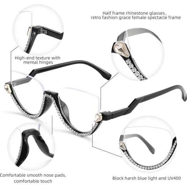 FEISEDY Women Blue Light Blocking Glasses Fashion Half Frame Cat Eye Glasses Inlaid Diamond Anti Eyestrain B2995Black