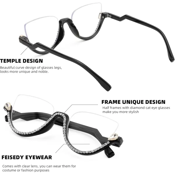 FEISEDY Women Blue Light Blocking Glasses Fashion Half Frame Cat Eye Glasses Inlaid Diamond Anti Eyestrain B2995Black