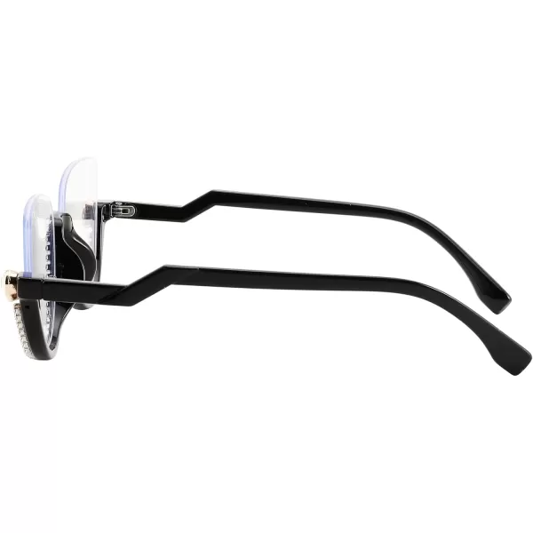 FEISEDY Women Blue Light Blocking Glasses Fashion Half Frame Cat Eye Glasses Inlaid Diamond Anti Eyestrain B2995Black