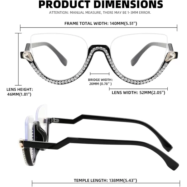 FEISEDY Women Blue Light Blocking Glasses Fashion Half Frame Cat Eye Glasses Inlaid Diamond Anti Eyestrain B2995Black