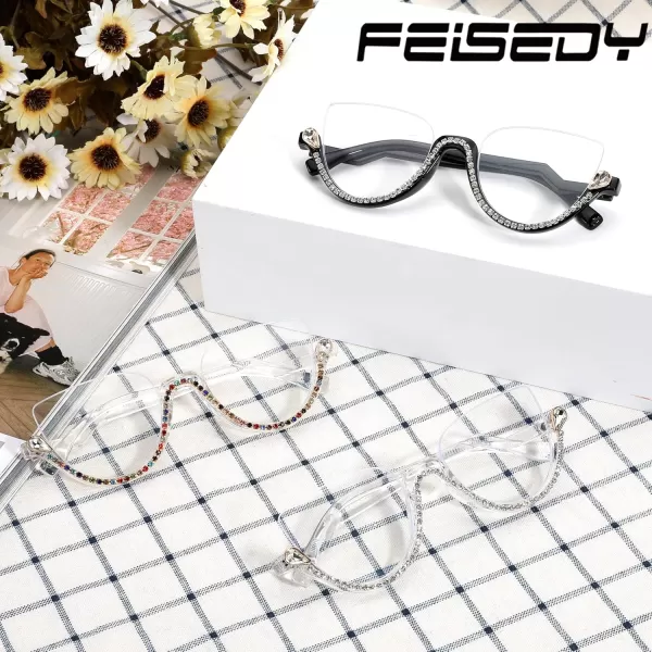 FEISEDY Women Blue Light Blocking Glasses Fashion Half Frame Cat Eye Glasses Inlaid Diamond Anti Eyestrain B2995Multicoloured