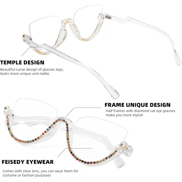 FEISEDY Women Blue Light Blocking Glasses Fashion Half Frame Cat Eye Glasses Inlaid Diamond Anti Eyestrain B2995Multicoloured