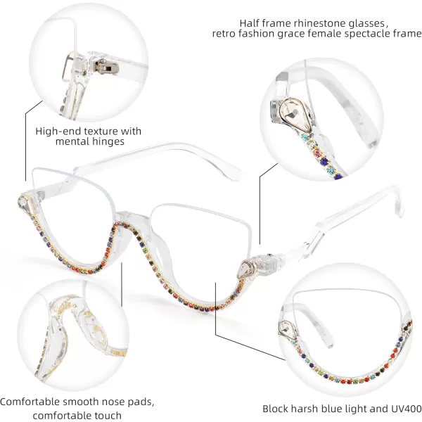 FEISEDY Women Blue Light Blocking Glasses Fashion Half Frame Cat Eye Glasses Inlaid Diamond Anti Eyestrain B2995Multicoloured