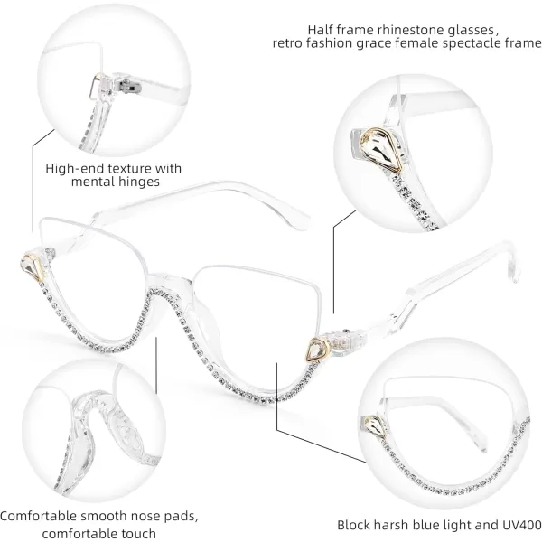FEISEDY Women Blue Light Blocking Glasses Fashion Half Frame Cat Eye Glasses Inlaid Diamond Anti Eyestrain B2995White