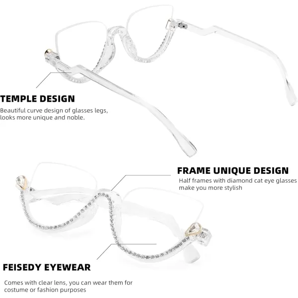 FEISEDY Women Blue Light Blocking Glasses Fashion Half Frame Cat Eye Glasses Inlaid Diamond Anti Eyestrain B2995White