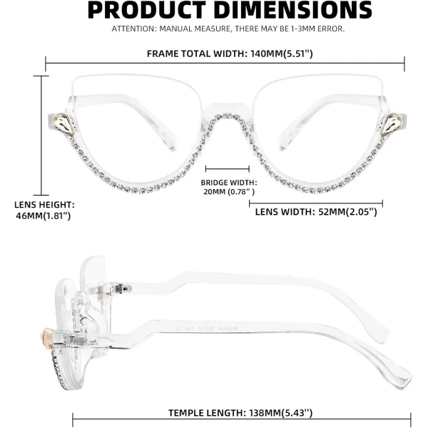 FEISEDY Women Blue Light Blocking Glasses Fashion Half Frame Cat Eye Glasses Inlaid Diamond Anti Eyestrain B2995White