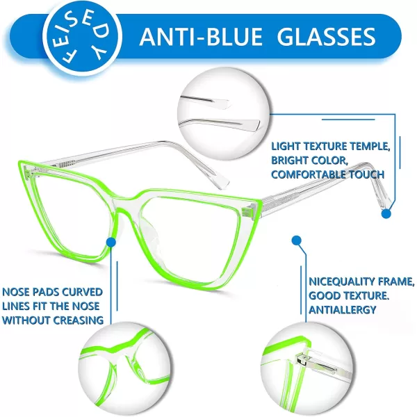 FEISEDY Women Cat Eye Blue Light Blocking Glasse Frame Fake Nerd Clear Square Computer Eyewear Anti Eyestrain B2353Fluorescent Green