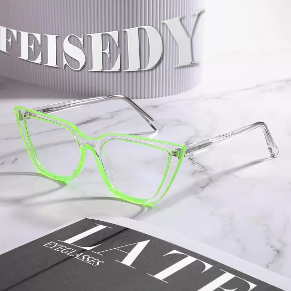 FEISEDY Women Cat Eye Blue Light Blocking Glasse Frame Fake Nerd Clear Square Computer Eyewear Anti Eyestrain B2353Fluorescent Green