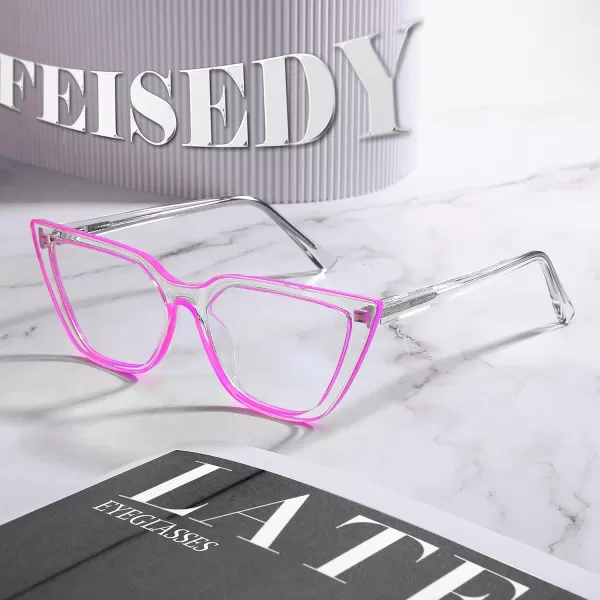 FEISEDY Women Cat Eye Blue Light Blocking Glasse Frame Fake Nerd Clear Square Computer Eyewear Anti Eyestrain B2353Rose Red