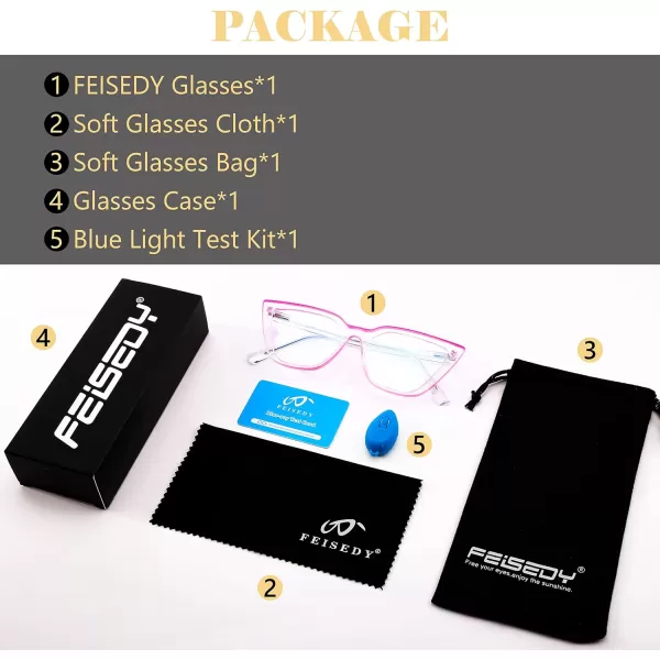 FEISEDY Women Cat Eye Blue Light Blocking Glasse Frame Fake Nerd Clear Square Computer Eyewear Anti Eyestrain B2353Rose Red