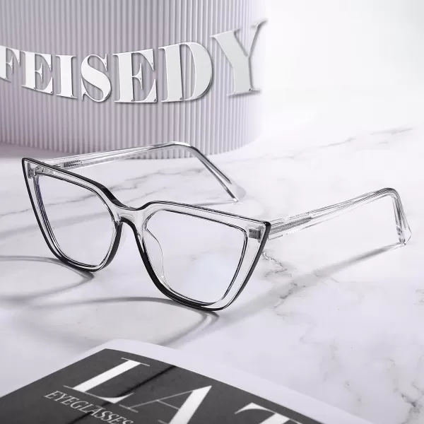 FEISEDY Women Cat Eye Blue Light Blocking Glasse Frame Fake Nerd Clear Square Computer Eyewear Anti Eyestrain B2353Transparent Black